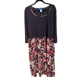 Vicki Wayne Midi Babydoll Dress Women Size 2x Black Floral Grunge 3/4 Sleeve